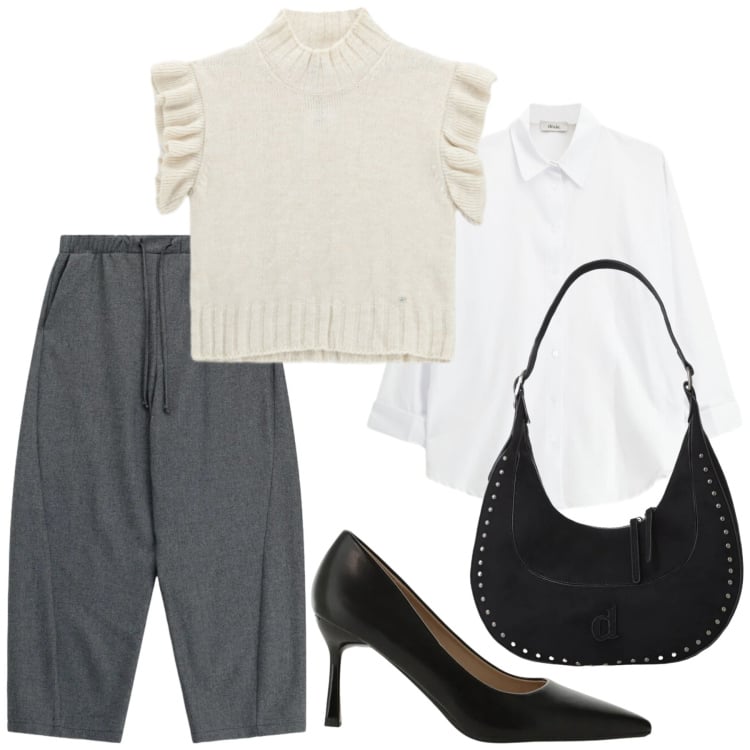 Outfit donna - Total look #2470294. Stile Glamour per Ufficio. Abbinamento con décolleté, borse a spalla, camicie, pantaloni a palazzo, maglieria.