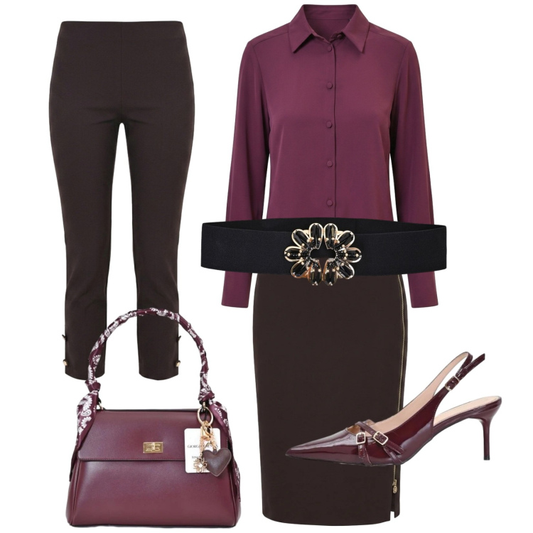 Outfit donna - Gonna o pantaloni?. Stile Chic per Ufficio. Abbinamento con décolleté, camicie, cinture, pantaloni capri, gonne longuette, borse a mano.