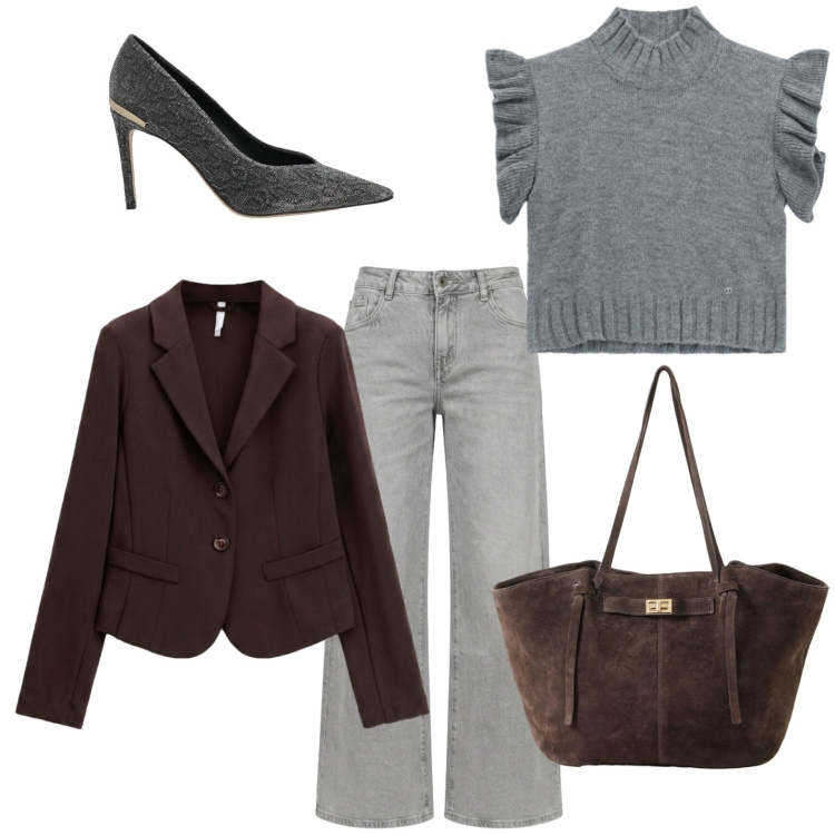Outfit donna - Martedì al lavoro. Stile Casual chic per Ufficio. Abbinamento con décolleté, shopping bag, blazer, maglieria, jeans a zampa.