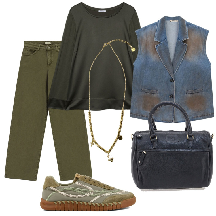 Outfit donna - I primi freschi. Stile Trendy per Tutti i giorni. Abbinamento con jeans dritti, gilet, ciondoli, t-shirt, borse a tracolla, sneakers.