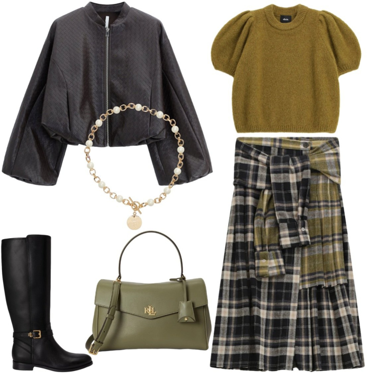 Outfit donna - Verde bosco. Stile Trendy per Tutti i giorni. Abbinamento con bomber, gonne longuette, pullovers, collane, borse a mano, stivali.