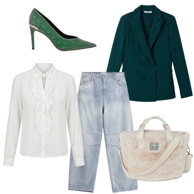 Outfit donna - Uscita con gli amici. Stile Casual chic per Serata fuori. Abbinamento con décolleté, blazer, camicie, jeans, borse tote.