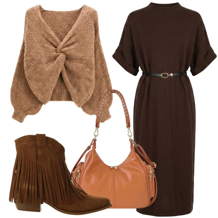 Outfit donna - Total look #2470307. Stile Trendy per Ufficio. Abbinamento con stivaletti texani, maglieria, borse a spalla, vestiti midi/longuette.