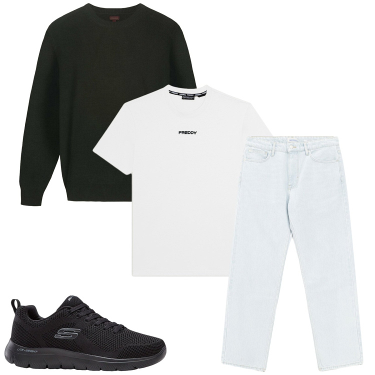 Outfit uomo - Total look #2470308. Stile Trendy per Tutti i giorni. Abbinamento con sneakers, jeans, maglieria, t-shirt.