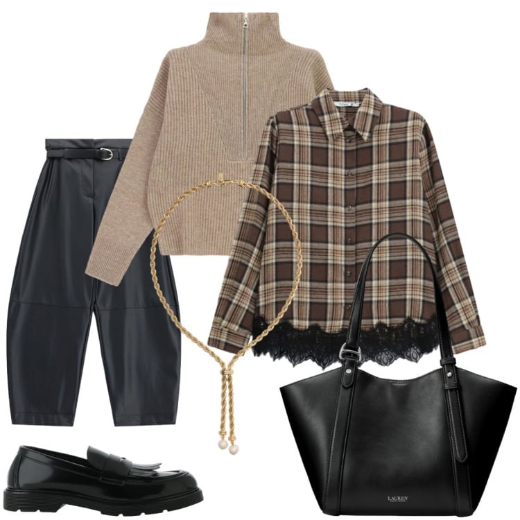 Outfit donna - La camicia Tartan che completa. Stile Urban per Tutti i giorni. Abbinamento con pantaloni, mocassini, maglieria, camicie, borse tote, collane.