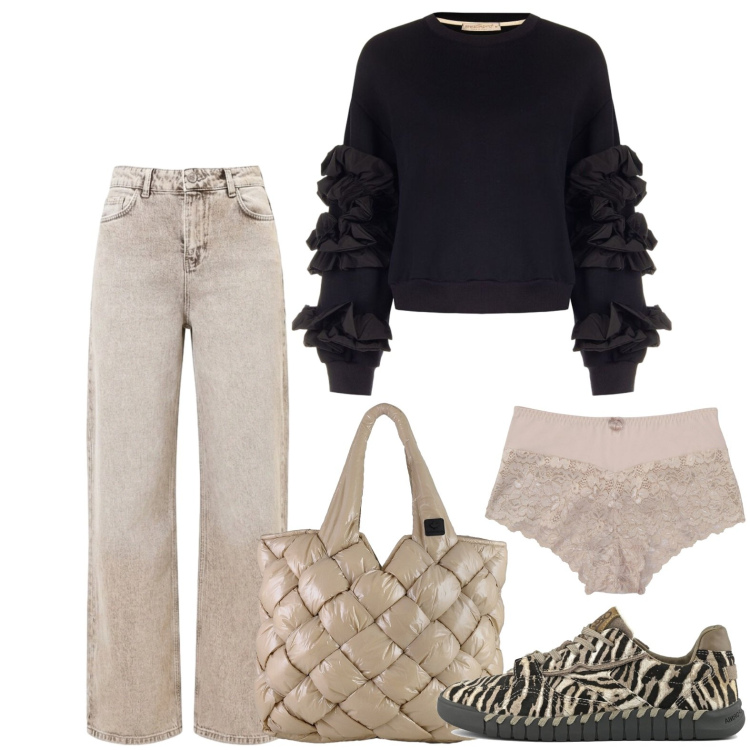 Outfit donna - Modalità weekend. Stile Casual per Tutti i giorni. Abbinamento con culotte, jeans dritti, maglieria, borse tote, sneakers.