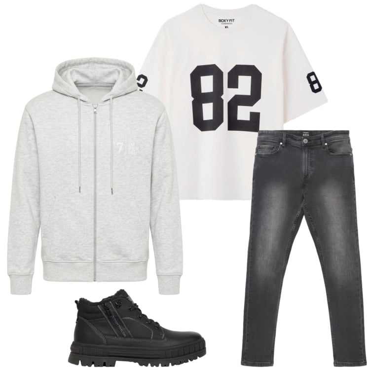 Outfit uomo - Total look #2470313. Stile Urban per Tutti i giorni. Abbinamento con stivali e stivaletti, felpe con cappuccio, jeans skinny, t-shirt.
