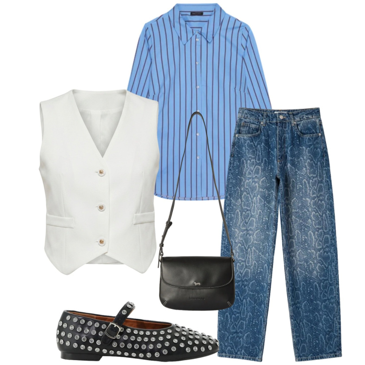 Outfit donna - Total look #2470315. Stile Urban per Tutti i giorni. Abbinamento con borse a tracolla, ballerine, jeans dritti, gilet, camicie.