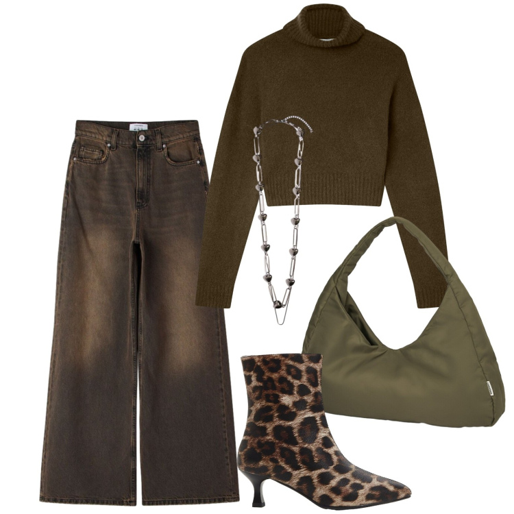 Outfit donna - Animalier di grande tendenza. Stile Glamour per Tutti i giorni. Abbinamento con stivaletti, jeans, maglieria, collane, borse a spalla.