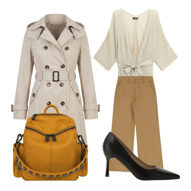 Outfit donna - Calore a settembre. Stile Bon Ton per Ufficio. Abbinamento con décolleté, cardigans, jeans, zaini, trench.