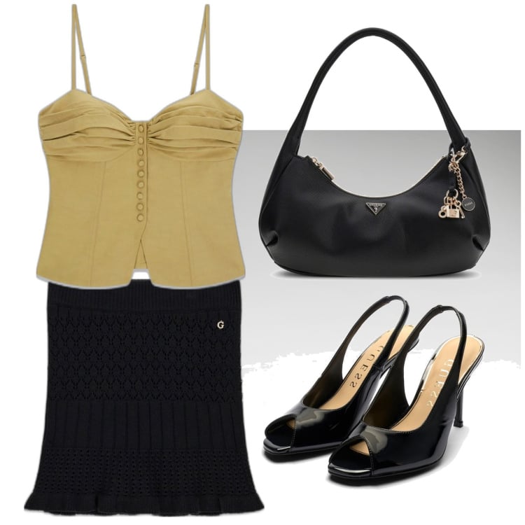 Outfit mujer - Sexy look. Estilo Sexy para Todos los días. Combinación con sandalias de piel, top, bolsos de hombro, minifaldas.