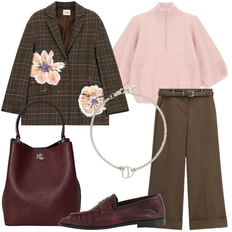 Outfit donna - Tartan & Fall Colors. Stile Trendy per Ufficio. Abbinamento con pantaloni a palazzo, maglieria, blazer, mocassini, borse a secchiello, braccialetti con ciondoli.