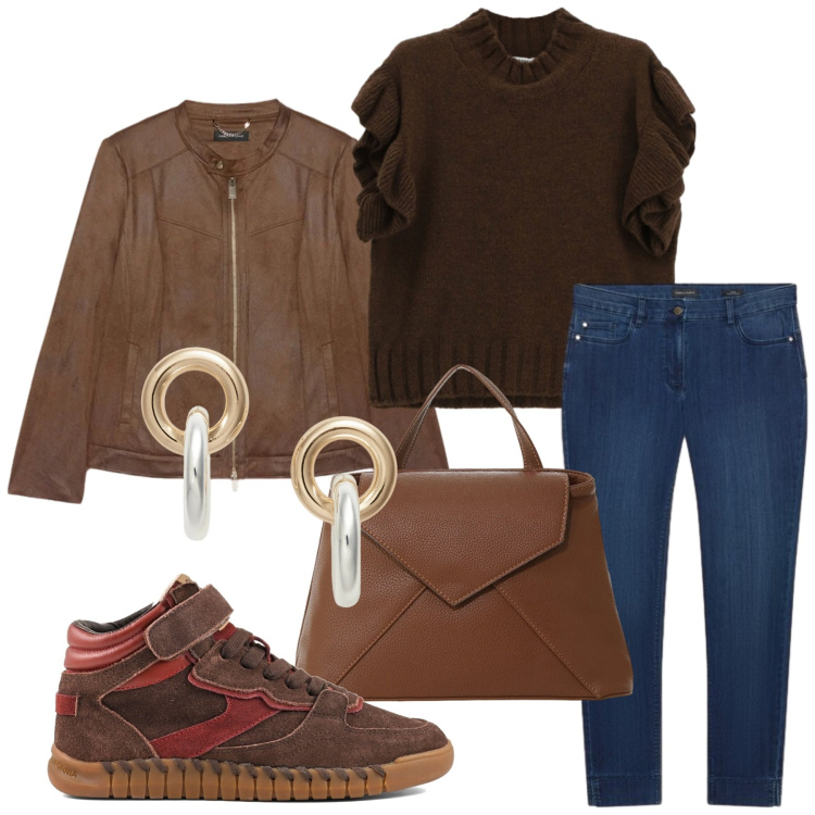 Outfit donna - Total look #2470328. Stile Casual chic per Tutti i giorni. Abbinamento con borse a mano, maglieria, jeans skinny, blazer, orecchini, sneakers.