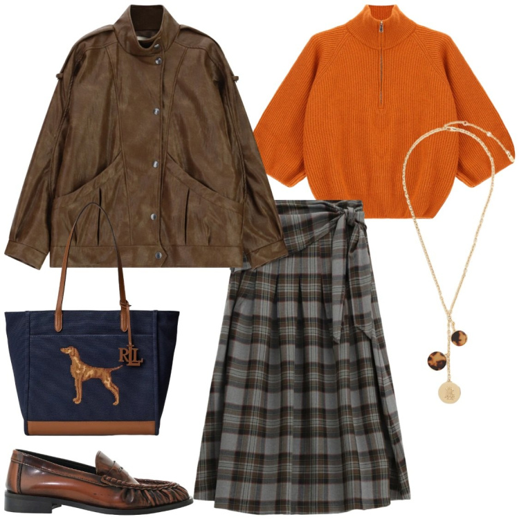 Outfit donna - British style. Stile Urban per Tutti i giorni. Abbinamento con mocassini, gonne longuette, blazer, maglieria, collane, borse tote.