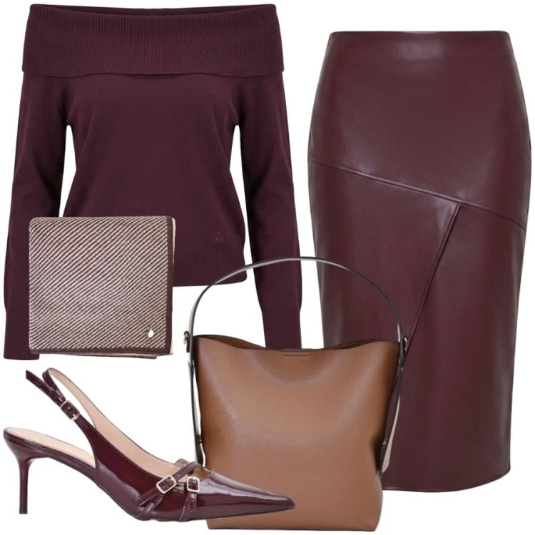 Outfit donna - Total look #2470332. Stile Chic per Ufficio. Abbinamento con maglieria, borse a mano, gonne longuette, décolleté, sciarpe.