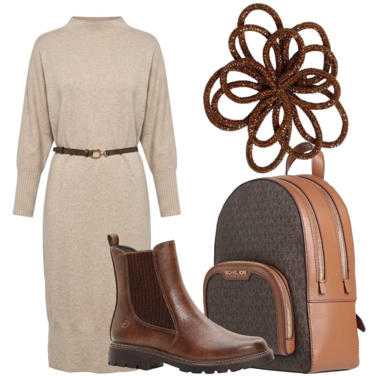 Outfit donna - Total look #2470337. Stile Casual chic per Ufficio. Abbinamento con zaini, stivaletti, vestiti midi/longuette, accessori per capelli.