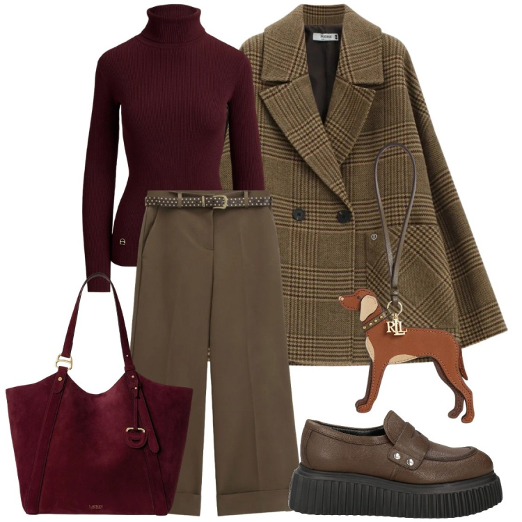 Outfit donna - Countryside in città. Stile Urban per Tutti i giorni. Abbinamento con mocassini, pantaloni a palazzo, blazer, ciondoli, borse tote, pullovers.
