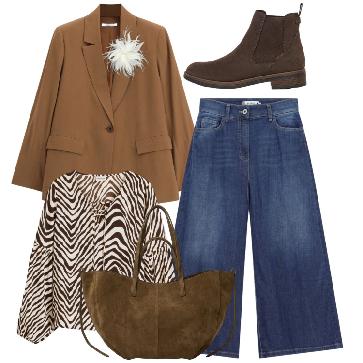 Outfit donna - Total fall. Stile Casual chic per Tutti i giorni. Abbinamento con bluse, stivaletti, blazer, gonne, borse tote.