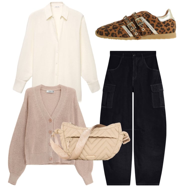 Outfit donna - Il primo cardigan. Stile Casual per Tutti i giorni. Abbinamento con marsupi, sneakers, camicie, cardigans, pantaloni cargo.