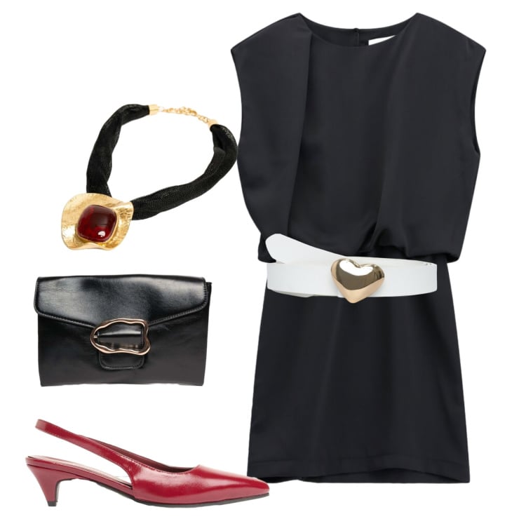Outfit donna - Serata chic. Stile Chic per Serata fuori. Abbinamento con décolleté, vestiti corti, cinture, collane, pochette.