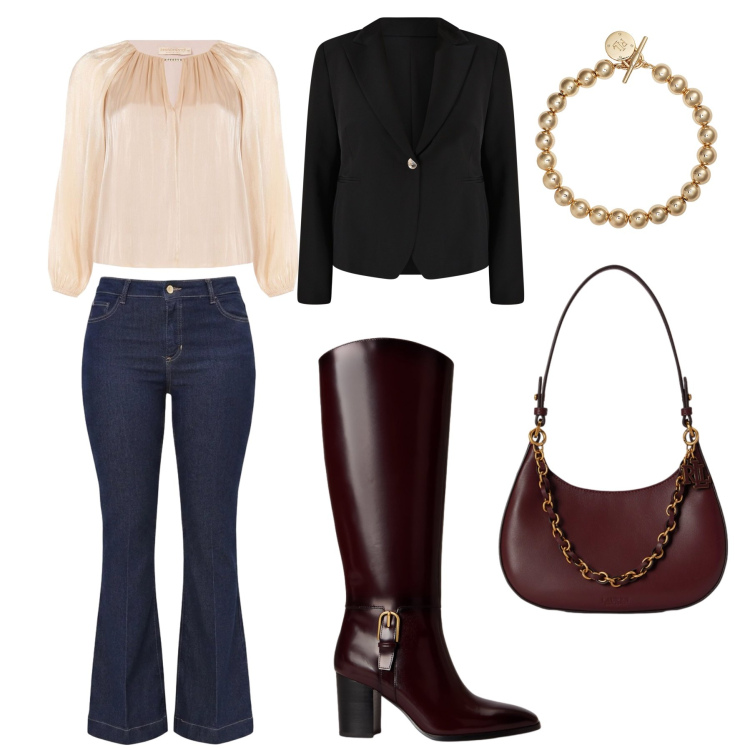 Outfit donna - 1. Stile Casual chic Abbinamento con blazer, jeans a zampa, bluse, braccialetti, borse a spalla, stivali.