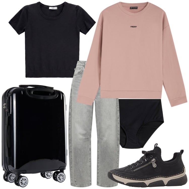 Outfit donna - Viaggio in Europa. Stile Casual per Tutti i giorni. Abbinamento con culotte, sneakers, t-shirt, felpe, valigie, jeans mom.