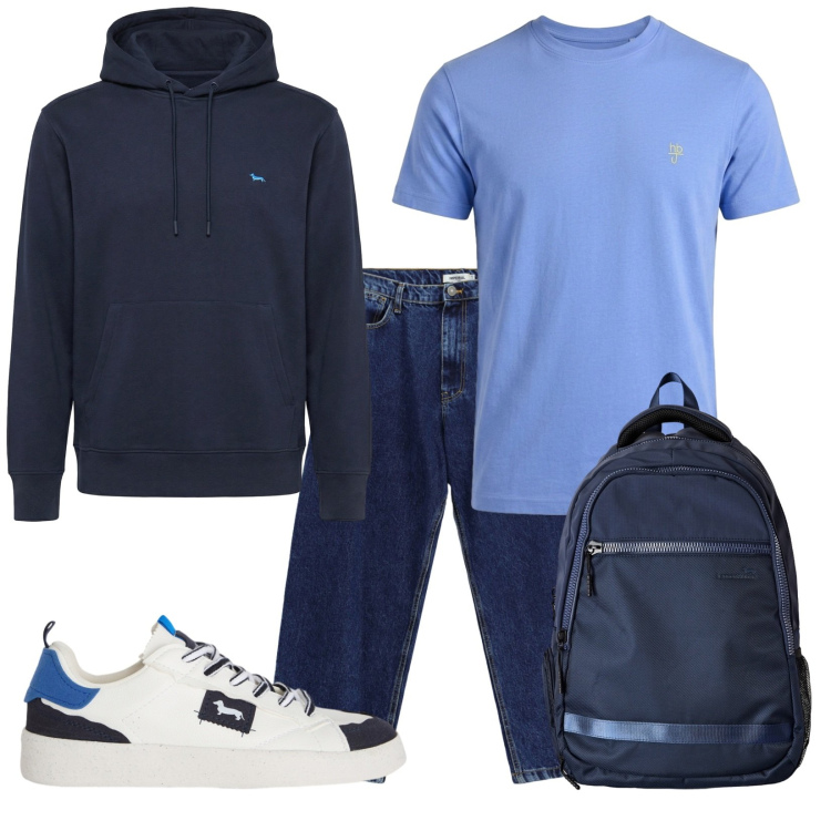 Outfit uomo - Weekend fuori. Stile Urban per Tutti i giorni. Abbinamento con t-shirt, sneakers, felpe con cappuccio, borse sportive, jeans.