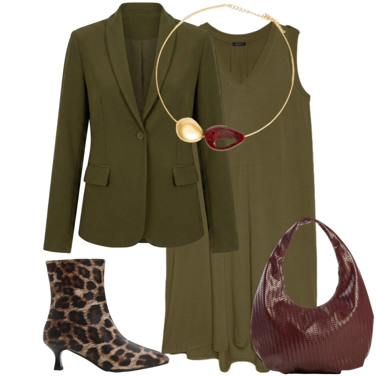 Outfit donna - Tono su tono. Stile Chic per Ufficio. Abbinamento con stivaletti, borse a spalla, vestiti lunghi, blazer, collane.