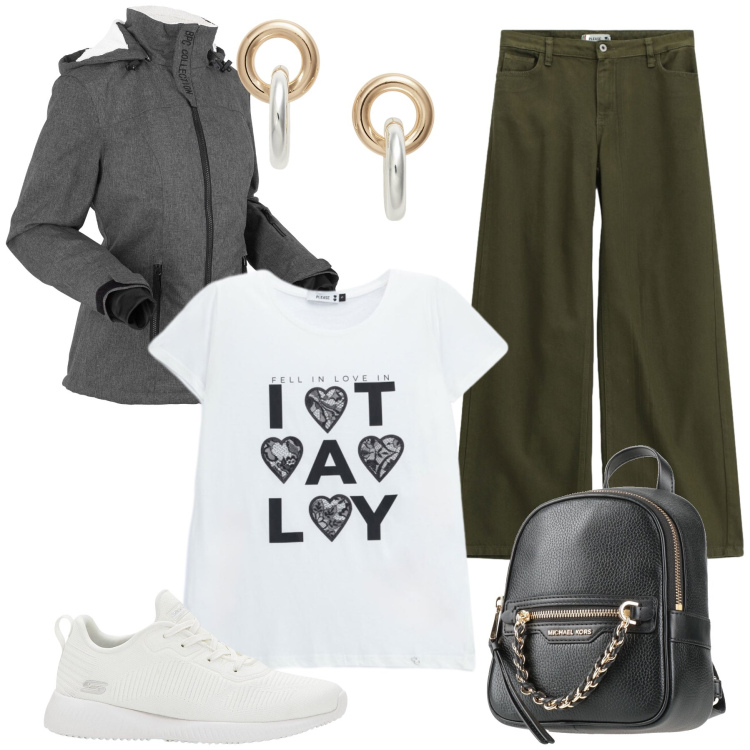 Outfit donna - Love. Stile Casual chic per Tutti i giorni. Abbinamento con zaini, sneakers, blazer, pantaloni a palazzo, t-shirt, orecchini.
