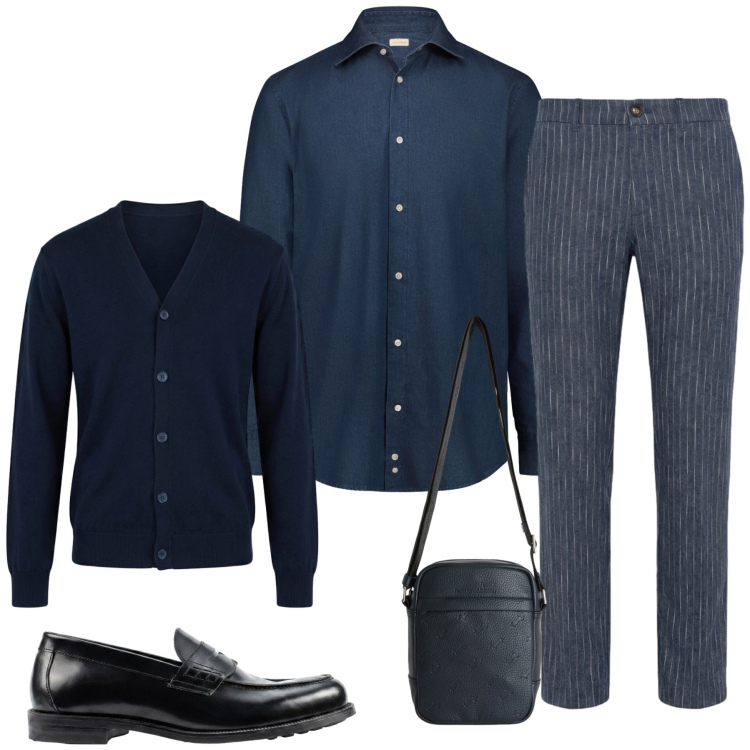Outfit uomo - Denny. Stile Casual per Ufficio. Abbinamento con borse sportive, cardigans, pantaloni, camicie, scarpe stringate.