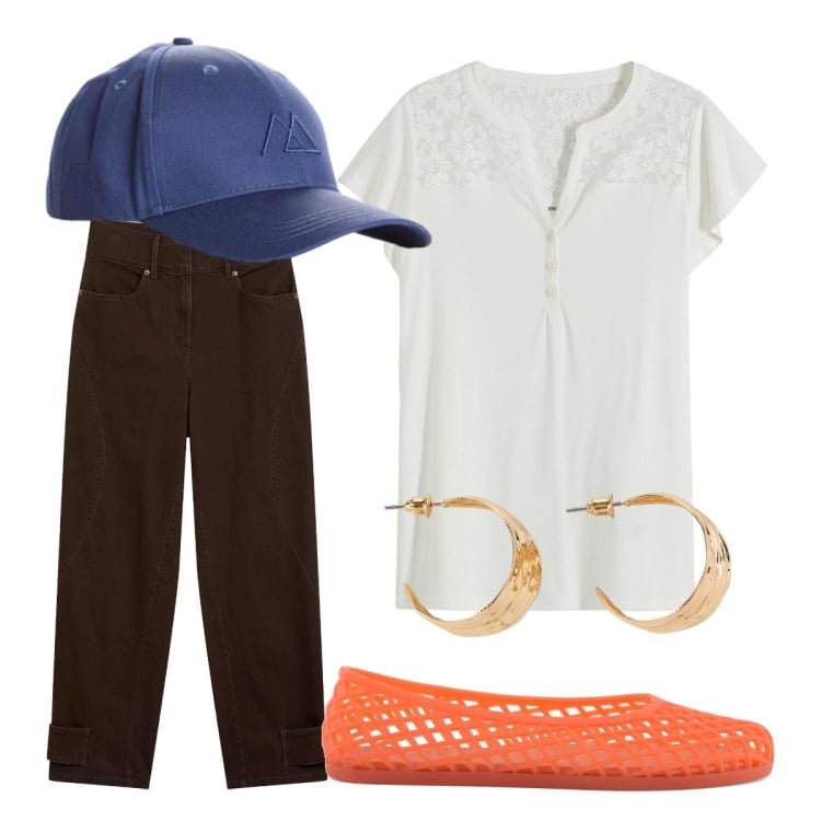 Outfit donna - Pantaloni barrel. Stile Casual per Tutti i giorni. Abbinamento con t-shirt, pantaloni, orecchini, cappelli con visiera, ballerine.