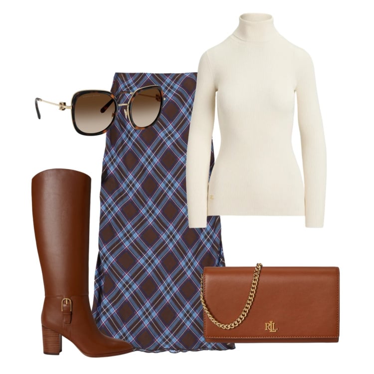 Outfit donna - Total look #2470362. Stile Casual chic per Tutti i giorni. Abbinamento con gonne lunghe, borse a tracolla, occhiali da sole, stivali, pullovers.