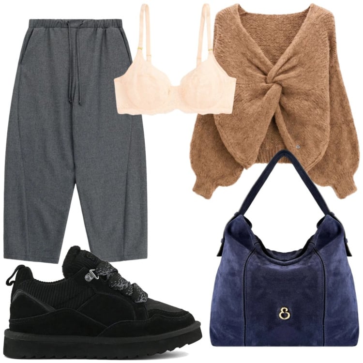 Outfit donna - Speciale accessori suede. Stile Casual chic per Tutti i giorni. Abbinamento con maglieria, pantaloni a palazzo, borse a spalla, reggiseni, sneakers alte.