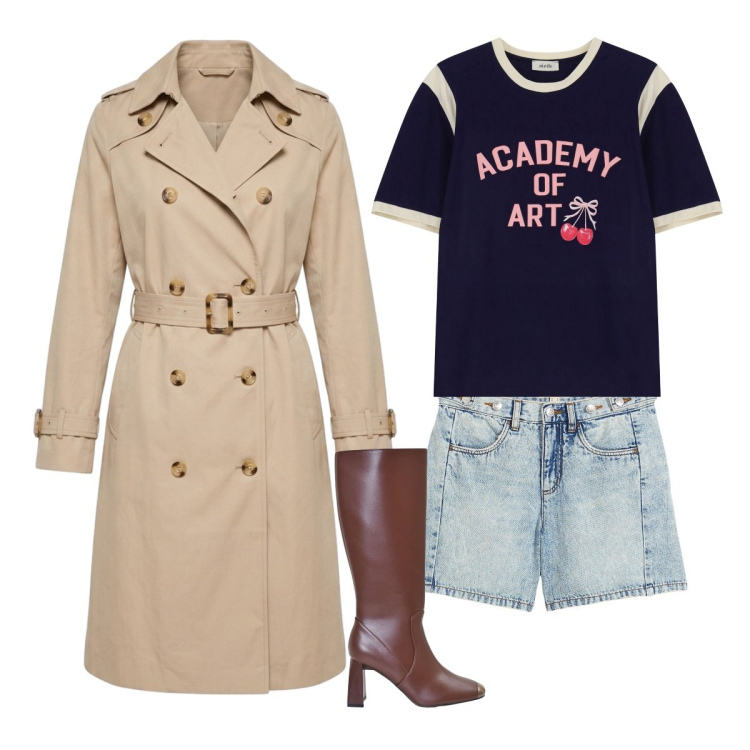 Outfit donna - Settembre. Stile Casual chic per Tutti i giorni. Abbinamento con shorts, t-shirt, stivali sopra il ginocchio, trench.