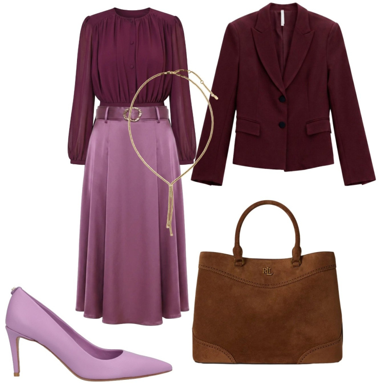 Outfit donna - Back to office. Stile Glamour per Ufficio. Abbinamento con décolleté, blazer, gonne longuette, bluse, collane, borse a mano.