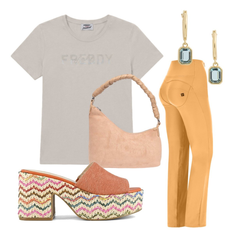 Outfit donna - Settembre. Stile Sporty chic per Tutti i giorni. Abbinamento con pantaloni, t-shirt, portafogli, orecchini, sandali col tacco.