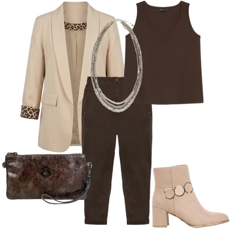 Outfit donna - Il blazer con riporti animalier. Stile Casual chic per Serata fuori. Abbinamento con stivaletti, collane, pantaloni, canottiere, pochette, blazer.
