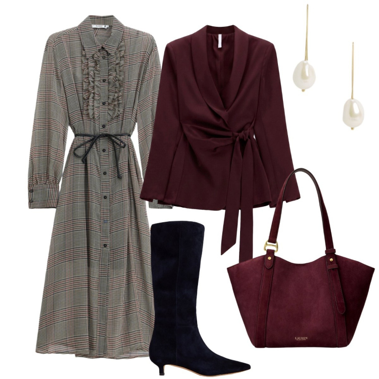Outfit donna - Eleganza d’autunno. Stile Chic per Tutti i giorni. Abbinamento con blazer, vestiti midi/longuette, orecchini, borse tote, stivali.