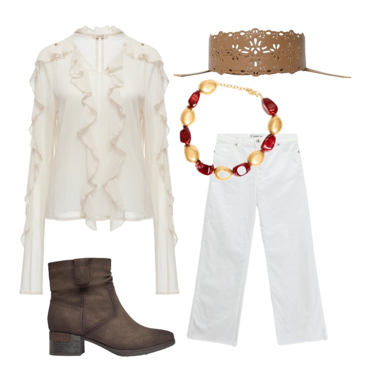 Outfit donna - Boho style. Stile Boho per Serata fuori. Abbinamento con stivaletti, cinture, bluse, jeans, collane.