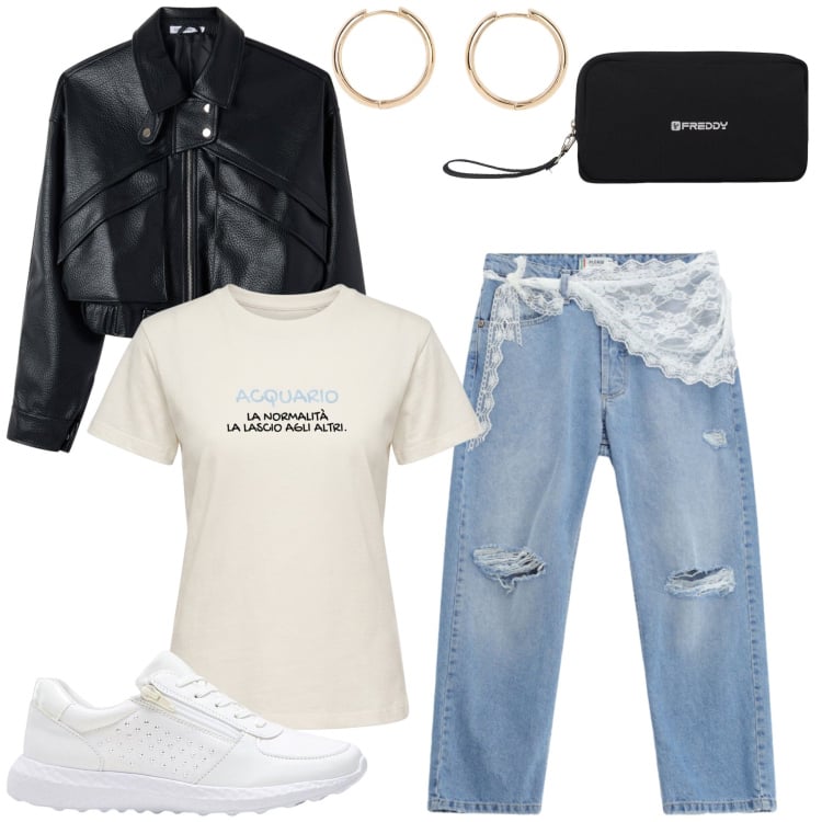 Outfit donna - Acquario. Stile Casual chic per Tutti i giorni. Abbinamento con sneakers, orecchini, bomber, jeans strappati, valigie, t-shirt.