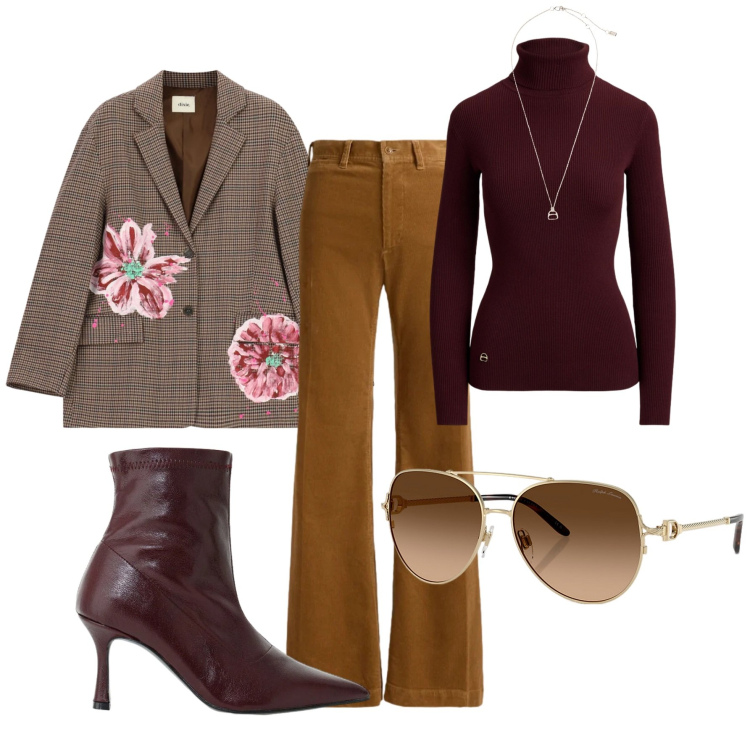 Outfit donna - Total look #2470388. Stile 70s per Tutti i giorni. Abbinamento con stivaletti, blazer, occhiali da sole, pantaloni, pullovers, collane.