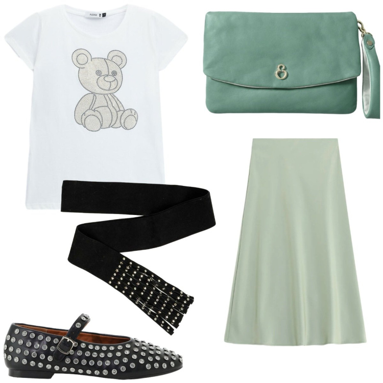 Outfit donna - Speciale accessori suede. Stile Trendy per Serata fuori. Abbinamento con gonne longuette, ballerine, t-shirt, pochette, cinture.