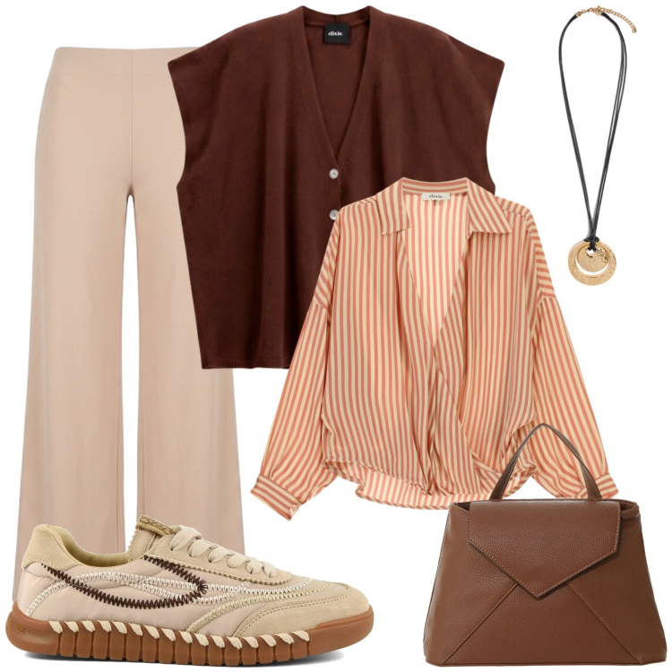 Outfit donna - Autunno mix. Stile Casual chic per Tutti i giorni. Abbinamento con borse a mano, camicie, maglieria, ciondoli, pantaloni a palazzo, sneakers.