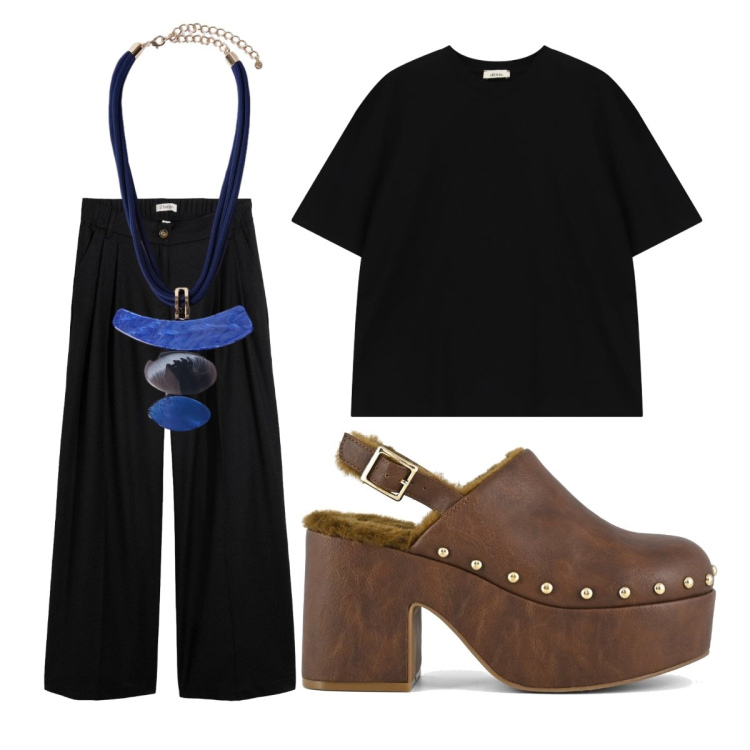 Outfit donna - Settembre. Stile Minimal per Tutti i giorni. Abbinamento con pantaloni, t-shirt, ciondoli, sabot.
