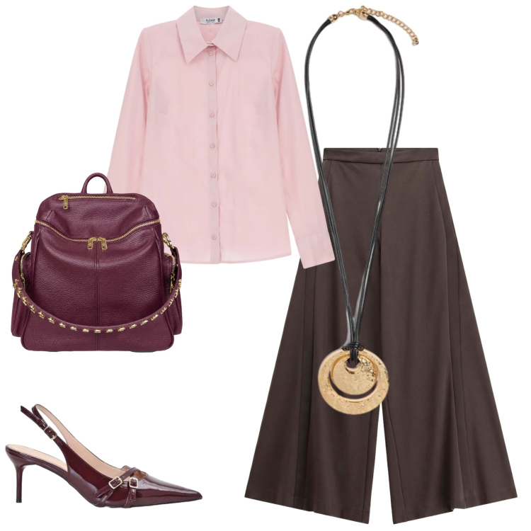 Outfit donna - Total look #2470398. Abbinamento con pantaloni a palazzo, décolleté, camicie, ciondoli, zaini.
