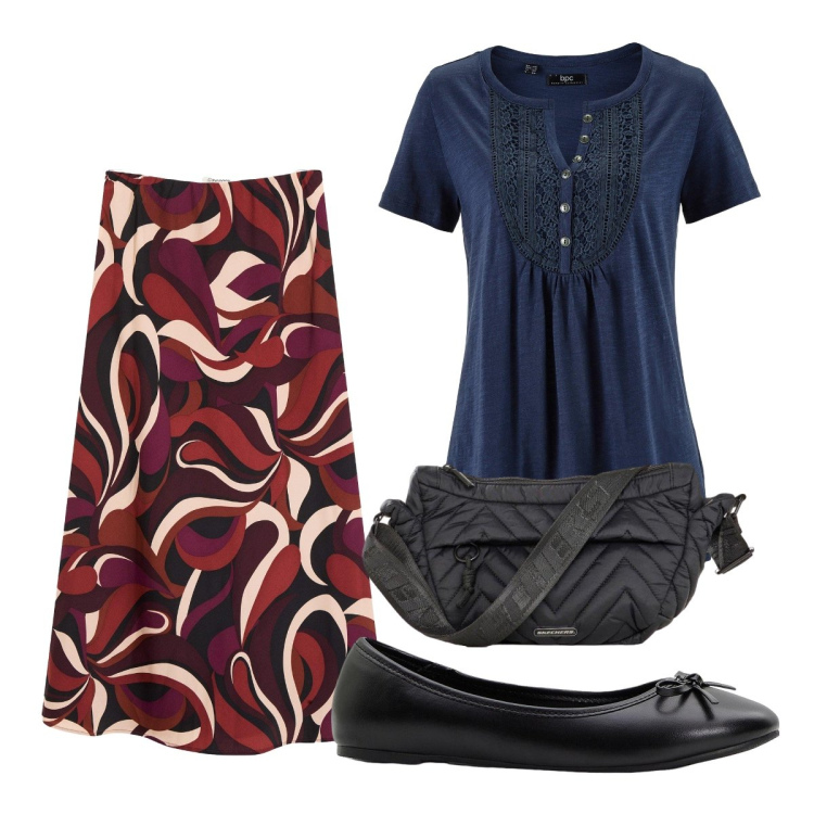 Outfit donna - Settembre. Stile Basic per Tutti i giorni. Abbinamento con gonne longuette, ballerine, t-shirt, marsupi.