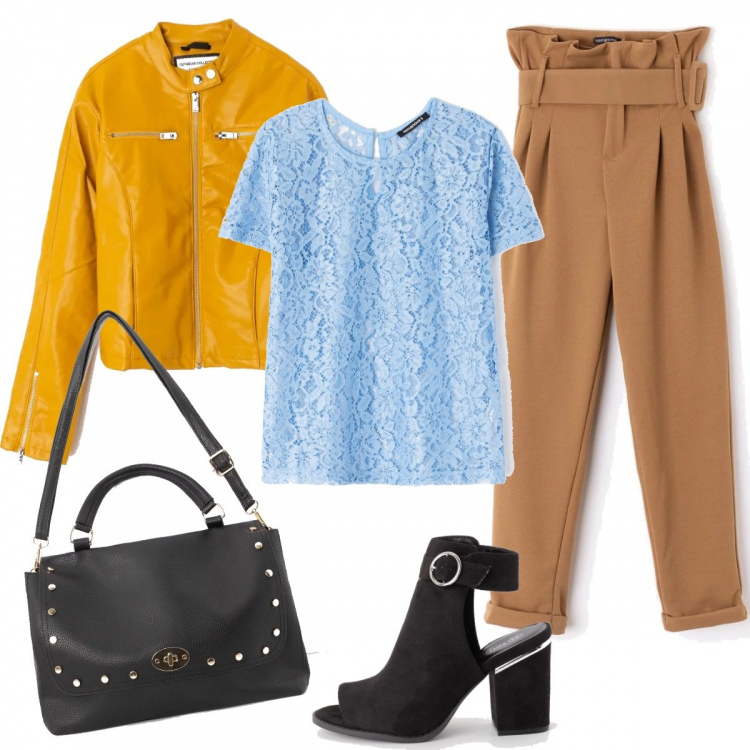 Outfit donna - Il pants caramella. Stile Trendy per Tutti i giorni. Abbinamento con pantalone con fibbia cammello, t-shirt con pizzo girocollo a maniche corte, giacca girocollo a maniche lunghe con zip in ecopelle tinta unita giallo, borsa a tracolla cartella in ecopelle nero, sabot nero.