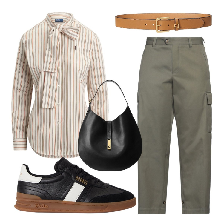 Outfit donna - Settembre curvy. Stile Sporty chic per Ufficio. Abbinamento con pantaloni cargo, borse a spalla, cinture, sneakers, camicie.