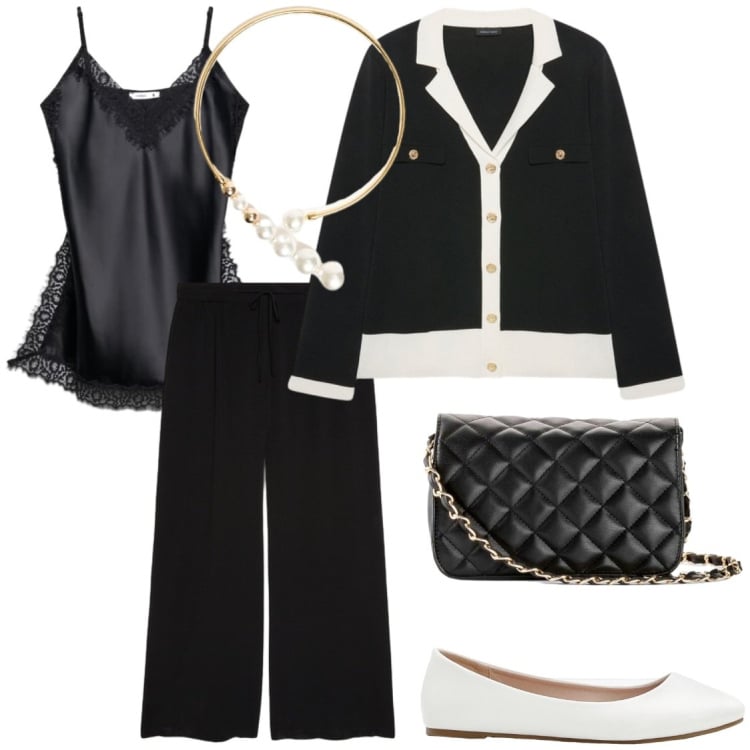 Outfit donna - Nostalgica eleganza. Stile Bon Ton per Tutti i giorni. Abbinamento con ballerine, borse a tracolla, top, cardigans, pantaloni, collane.
