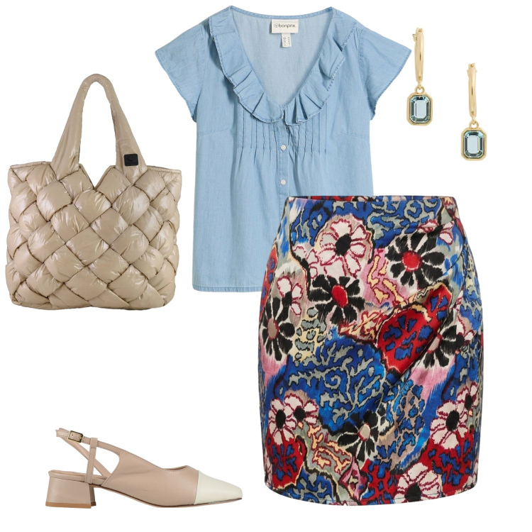 Outfit donna - Total look #2470402. Abbinamento con décolleté, top, minigonne, borse tote, orecchini.